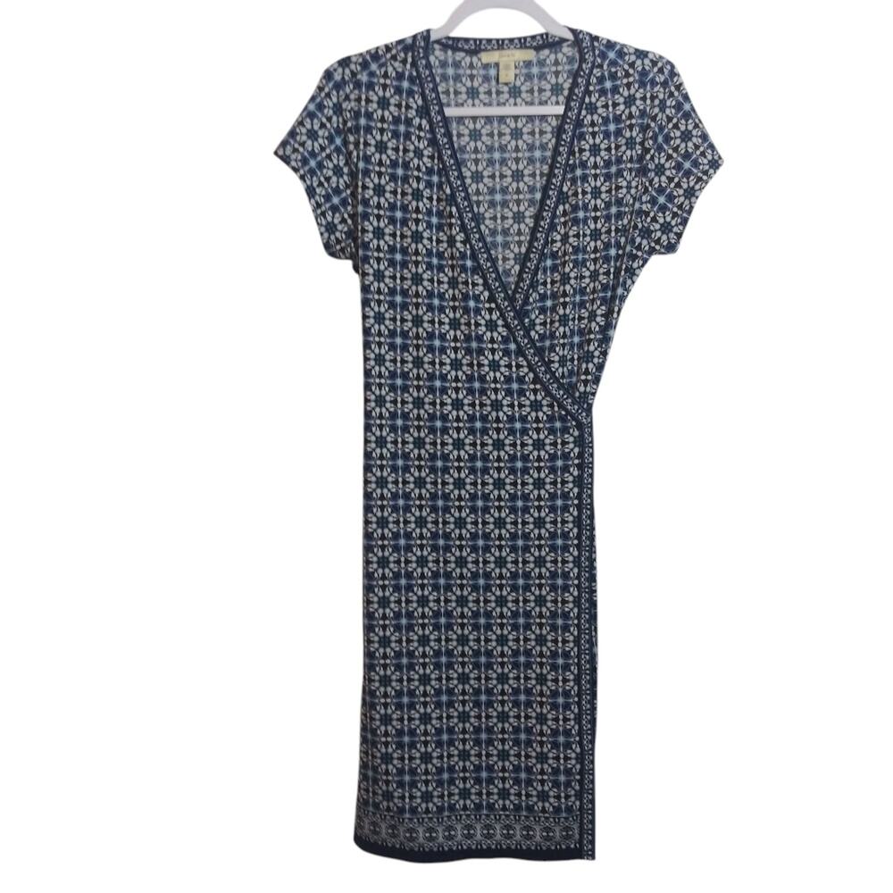 Lark & Ro Cap Sleeves Wrap Dress Blue Patterned Casual Vacation Size M